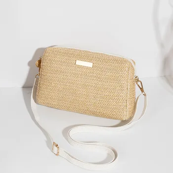 Женская дизайнерская сумка На одно плечо, сумки через плечо, модная плетеная из соломы Летняя пляжная сумка в богемном стиле, маленький твердый кошелек для монет для мобильного телефона