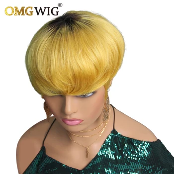 Желтый двухцветный прямой парик с короткой стрижкой Пикси, бразильские парики из натуральных человеческих волос для женщин, машинный парик Боб, бесплатная доставка