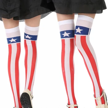 Женские Носки выше колена с принтом американского флага в звездную полоску, чулки до бедра для косплея на День Независимости