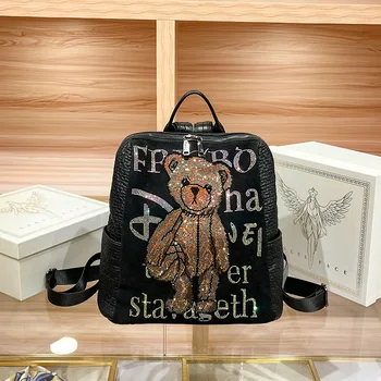 Женский рюкзак из натуральной Кожи с блестящим горным хрусталем Bear Ita Bag Pack, Роскошный Черный Милый Рюкзак, Женский Наплечный мешок, сумка Mochila