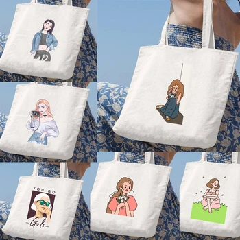 Модные женские сумки для покупок с графической печатью для девочек, холст, многоразовые Эстетичные Эко-сумки для покупок, сумки для хранения, дорожные подарки