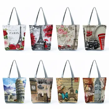 Сумки для покупок, подарочные сумки с принтом эйфелевой башни, Биг Бена, женские сумки через плечо, Железная башня, красивый пейзаж, повседневная сумка