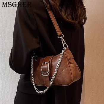 Кожаные сумки с цепочкой в стиле ретро для женщин, дизайнерская роскошная однотонная сумка через плечо, Винтажные повседневные женские сумки через плечо 2022