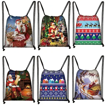 Рождественская новая сумка с принтом на шнурке, сумка для хранения детских подарков, женский рюкзак с изображением лося Санта-Клауса, сумка для покупок
