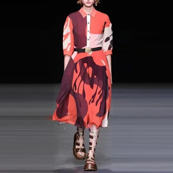 Европейское Дизайнерское платье для подиума, Женские летние платья 2023 с винтажным принтом, плиссированные платья, Элегантный халат Миди Femme