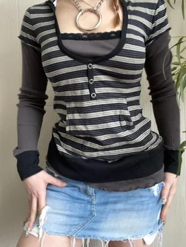 Женская футболка с круглым вырезом и длинным рукавом, пэчворк с принтом в два горошка, 2023, Осенняя повседневная Y2k, эстетический Базовый Сказочный Гранж