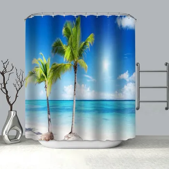 Новый продукт Пляжная занавеска для душа Sea Breeze из полиэстеровой ткани, шторы для ванной комнаты, 3D водонепроницаемая занавеска для ванны с крючками