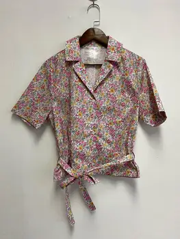 Женская блузка Elfbop с цветочным принтом, топ-рубашка с коротким рукавом и завязками на талии
