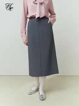 Простая женская офисная юбка FSLE, однотонная, с высокой талией, простая высококачественная Серая белая юбка средней длины для женщин