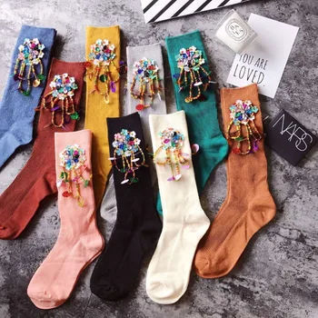 хлопчатобумажные носки ручной работы с бисером и блестками, женские модные носки calcetines mujer 2023 skarpetki damskie