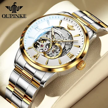 OUPINKE Новые роскошные мужские наручные часы с водонепроницаемым светящимся сапфировым каркасом из вольфрамовой стали, полые автоматические механические мужские часы