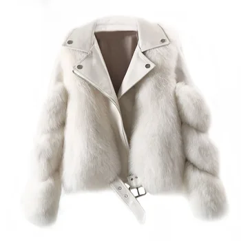 Новая осенне-зимняя женская модная куртка из натурального лисьего меха, женское пальто из цельного натурального меха с поясом, короткое мотоциклетное пальто