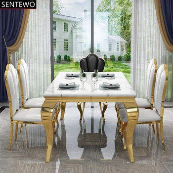 Популярный Роскошный мраморный кухонный обеденный стол с 4 обеденными стульями в металлическом титановом золотом каркасе мебель для дома mesa com 6 cadeiras