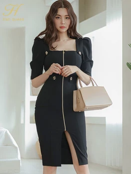 H Han Queen, новое Корейское осеннее платье на молнии, простое шикарное платье для работы, женское Офисное облегающее повседневное платье-футляр
