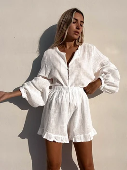 Hiloc Белая хлопчатобумажная пижама с длинным рукавом-фонариком, Новые комплекты в тон, шорты с оборками, женская одежда для отдыха на пуговицах с высокой талией,