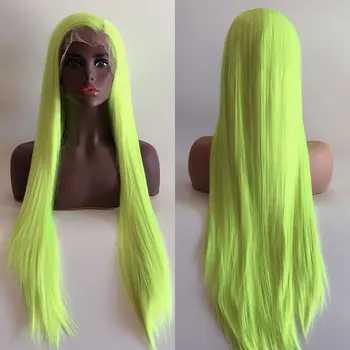 Синтетический парик на кружеве спереди Светло-зеленого цвета, Длинные прямые волосы из термостойких волокон, Натуральный волосяной покров, боковой пробор для женщин, парики