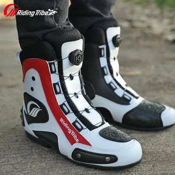 Мотоциклетные ботинки мужские для верховой езды, ботинки на шнурках с поворотной кнопкой, дышащая обувь для мото, мотоциклетная обувь