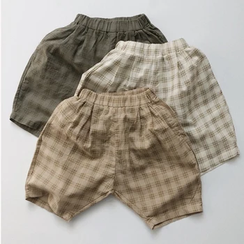 Летние Детские брюки, Простые шорты, Модные клетчатые шорты для маленьких девочек, Дышащие Тонкие хлопчатобумажные льняные брюки для отдыха.