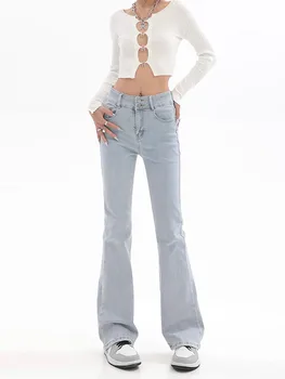 Y2k Женские винтажные светло-голубые расклешенные джинсы в английском стиле, женские узкие джинсовые брюки с высокой талией, Хай-стрит, 2022, Новый тренд моды