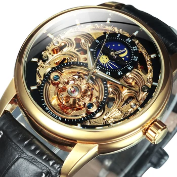 WINNER Механические часы Мужские Фаза Луны Резной циферблат в виде скелета Мужские часы Люксовый бренд Дизайн Модные наручные часы для мужчин Кожа