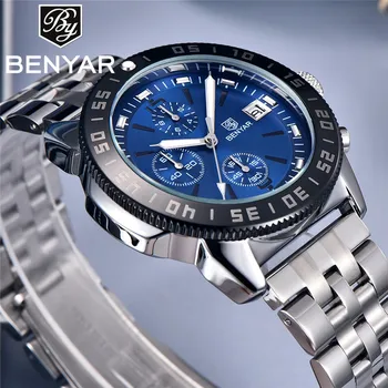 Мужские часы BENYAR с хронографом и датой, водонепроницаемые спортивные мужские наручные часы из нержавеющей стали, лучший бренд класса Люкс, синие Военные Мужские часы 5198