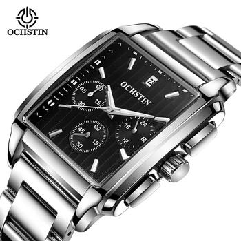 Лучший бренд Ochstin Мужской деловой хронограф, Кварцевые наручные часы С прямоугольным циферблатом, Новая 24-часовая дата Для мужских стальных квадратных часов Time