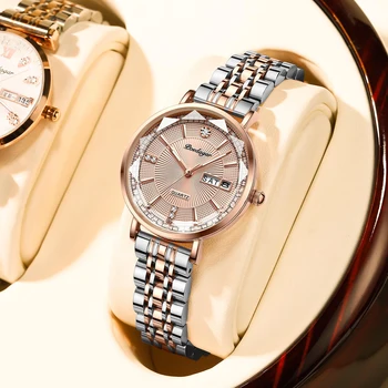 Женские часы от топового люксового бренда из розового золота, модные кварцевые женские часы, Водонепроницаемое Золотое платье с календарем, женские наручные часы.