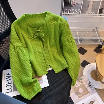 Зеленый кардиган на завязках, свитер, верхняя одежда для женщин, весенний новый тренд, небольшая толпа, дизайн верхней одежды, однотонный свитер, кардиган для женщин