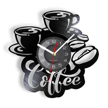 Время Кофе Виниловая пластинка Настенные часы Кофейные зерна Чашки Латте Арт Настенные часы с подсветкой в стиле ретро Шикарный декор стен кафе для бариста