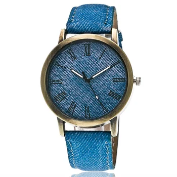 Модные Повседневные женские Мужские кварцевые наручные часы Синий Деним Рим Буквальная Бронза Простой дизайн Ковбойские часы Relogio Masculino