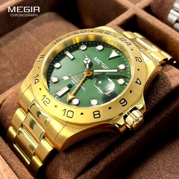 Мужские часы MEGIR Gold Green Dress Watch из нержавеющей стали 5ATM Водонепроницаемые аналоговые кварцевые наручные часы с автоматической датой и 24-часовым указателем 8404