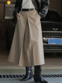 HanOrange 2023 Весна-лето Винтажная юбка миди с высокой талией, плиссированная Свободная юбка-зонтик трапециевидной формы, черный / Хаки