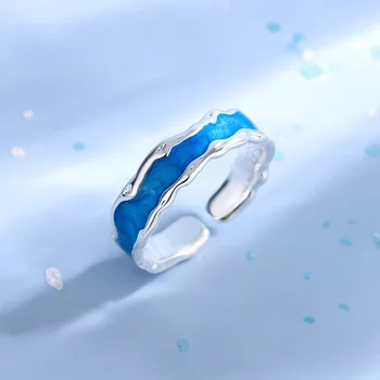 Кольца из стерлингового серебра 925 пробы с геометрическим рисунком синего цвета для женщин и мужчин, простые корейские модные Открытые Регулируемые кольца ручной работы, подарки для пары
