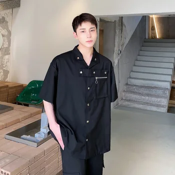 Лето 2022, корейский стиль, дизайнерские рубашки с индивидуальными карманами на молнии, мужские повседневные свободные черные рубашки для мужчин M-XL