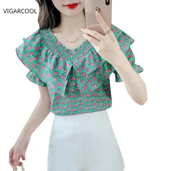 Женская рубашка с короткими рукавами и цветочным рисунком с открытыми плечами, лето 2023, новый модный топ с V-образным вырезом в иностранном стиле, милая рубашка