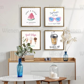 Плакат и принт на стене в скандинавском стиле, летнее мороженое, арбуз, солнцезащитные очки, кофе, картина на холсте для украшения дома в комнате для девочек
