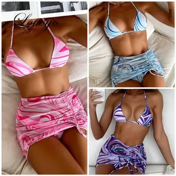 Комплект бикини из 3 предметов с юбкой, стринги на завязках, купальный костюм 2023, женский купальник, пляжная одежда, летняя одежда для плавания