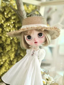 1/6 Белое платье с пышными рукавами для куклы Blyth в соломенной шляпке (Fit Pullip, Ob24, BJD, Azone, Licca, ICY, JerryB)