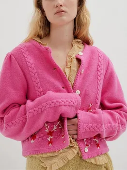 Женский кардиган из рубчатого трикотажа с цветами ручной вышивки 2022 года, Новый однобортный свитер в стиле ретро с круглым вырезом в стиле ретро