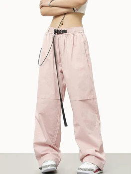 Женские розовые брюки-карго Zoki из чистого хлопка, уличная одежда в американском ретро стиле, повседневные брюки Bf, модный пояс в стиле хип-хоп, однотонные брюки с высокой талией