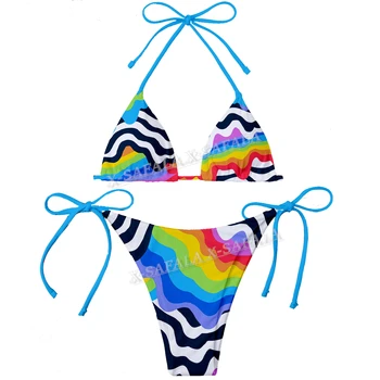 Женский комплект микро-бикини с психоделическим 3D принтом в стиле хиппи, летняя пляжная одежда, Манкини, милый сексуальный пляжный купальник-6