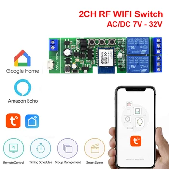 Tuya Smart WiFi Switch Модуль Мини Умный Выключатель Постоянного Тока 7-32 В 85-220 В 2CH RF 433 Дюймовое Реле для Alexa Google Home Голосовое Управление