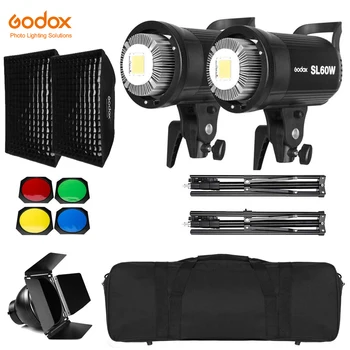 2x Godox SL-60W 60Ws 5600K Студийный Светодиодный Непрерывный свет для фото-видео + 2x Осветительная Подставка 1,8 м + 2x Комплект светодиодных Софтбоксов 60x90 см