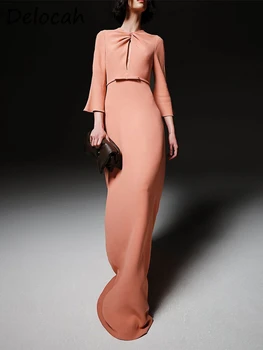 Delocah, высококачественное весеннее женское модное дизайнерское платье Макси с расклешенным рукавом, драпированный бант, Розовые женские платья с высокой талией с принтом
