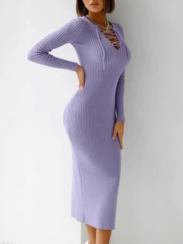 Женские облегающие платья из рубчатого трикотажа, осенняя шнуровка, V-образный вырез, длинный рукав, сексуальное однотонное открытое платье-свитер Миди