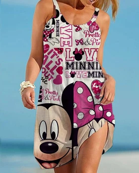 Солнечное платье Миди без рукавов трапециевидной формы Disney, повседневное платье, ночная рубашка с принтом, женское модное пляжное платье на бретелях с Микки и Минни