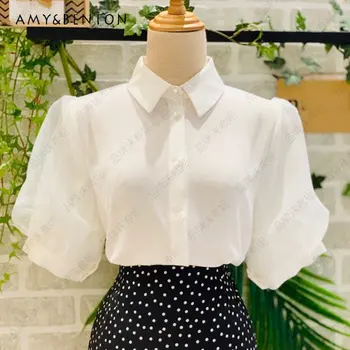 Летняя новинка 2023, женская рубашка с короткими рукавами, топ в корейском стиле, модные повседневные блузки, элегантная шифоновая блузка
