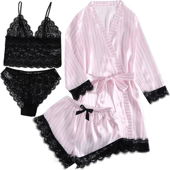 Женский шелковый атласный пижамный комплект из 4 предметов, нижнее белье, пижама на бретелях с цветочным кружевом и халатом, пижама с топом и шортами в розовую полоску и принтом на бретелях