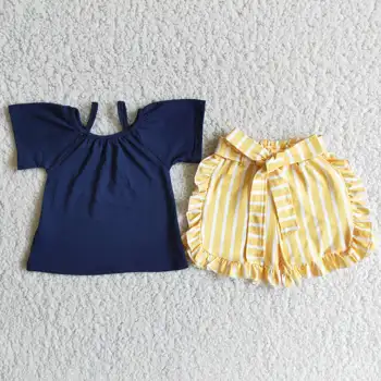 Новый дизайн, детская одежда RTS, Костюмы из 2 предметов, темно-синие наряды с оборками для девочек, Комплекты летней одежды для малышей
