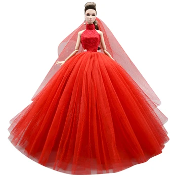 1 комплект Красного кружевного платья, модные свадебные наряды для куклы Барби, принцессы, вечернее платье, длинное платье, модная одежда и вуаль